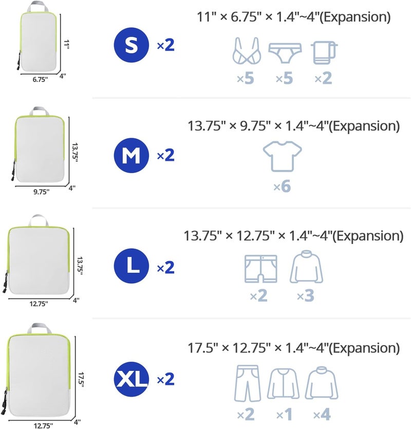 OPLEBEPE Compression Packing Cubes, 8 Set Packing Cubes for Travel Compression, Lightweight Compressible Package Organizer for Carry On and Suitcases, White and Green - Image 2